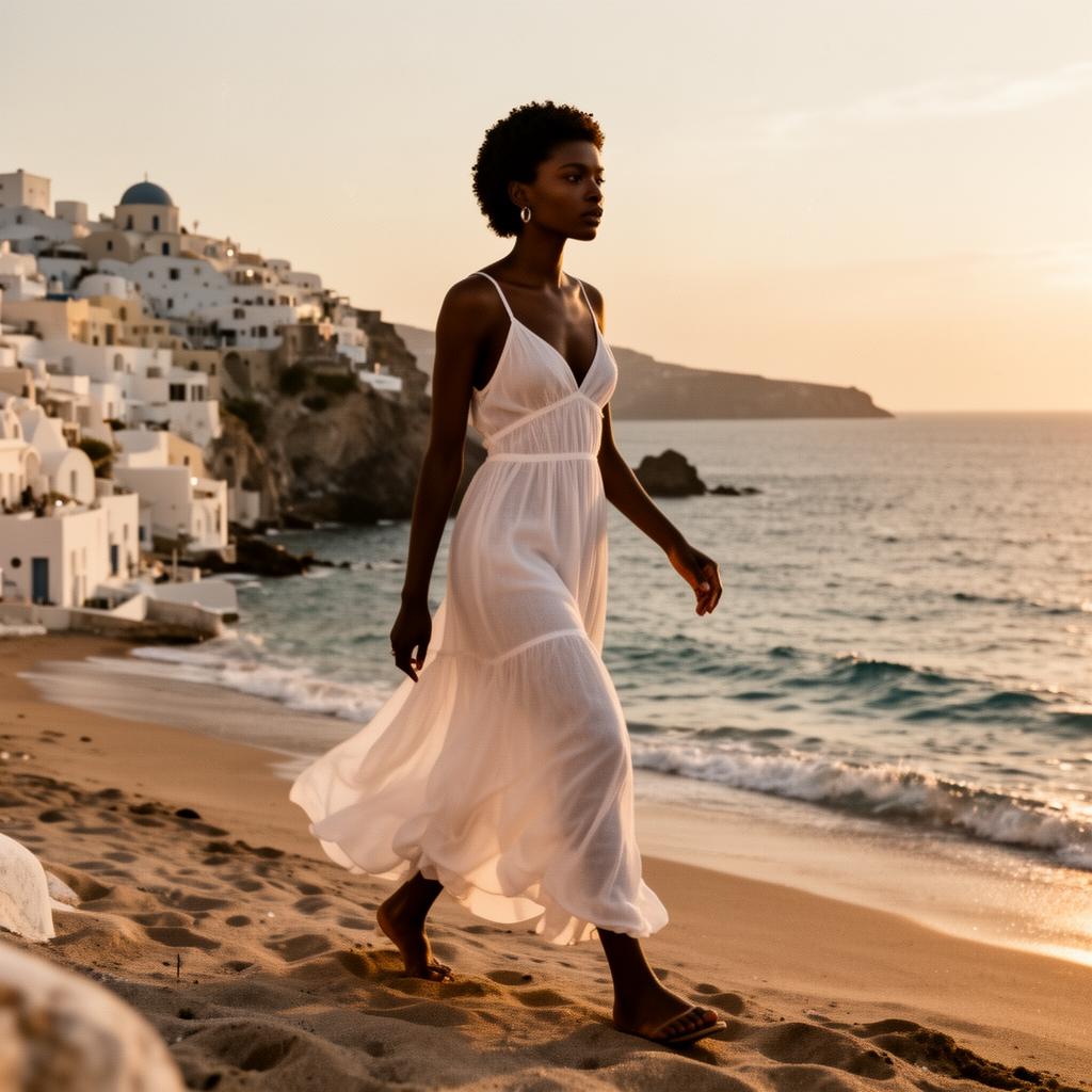 Woman walking a Mediterranean beach at golden hour