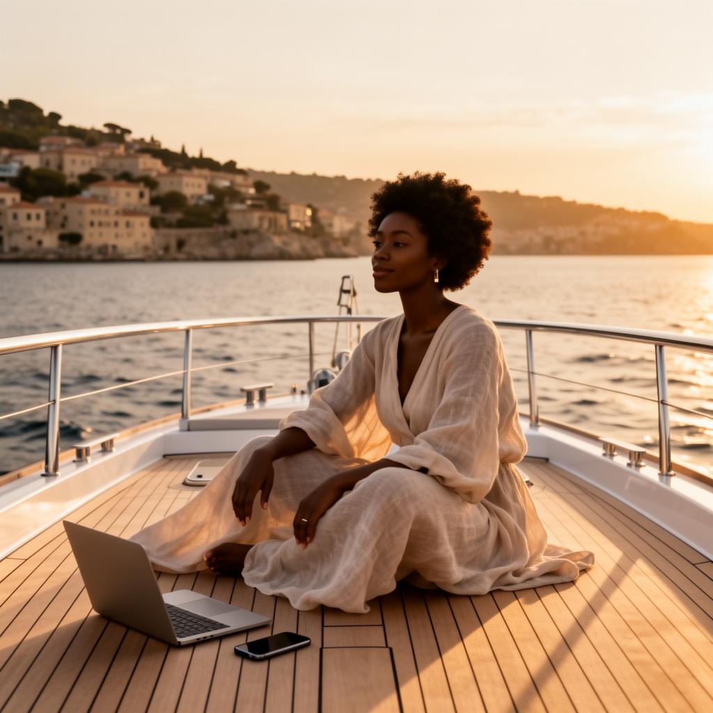 Woman entrepreneur working from a yacht at sunset
