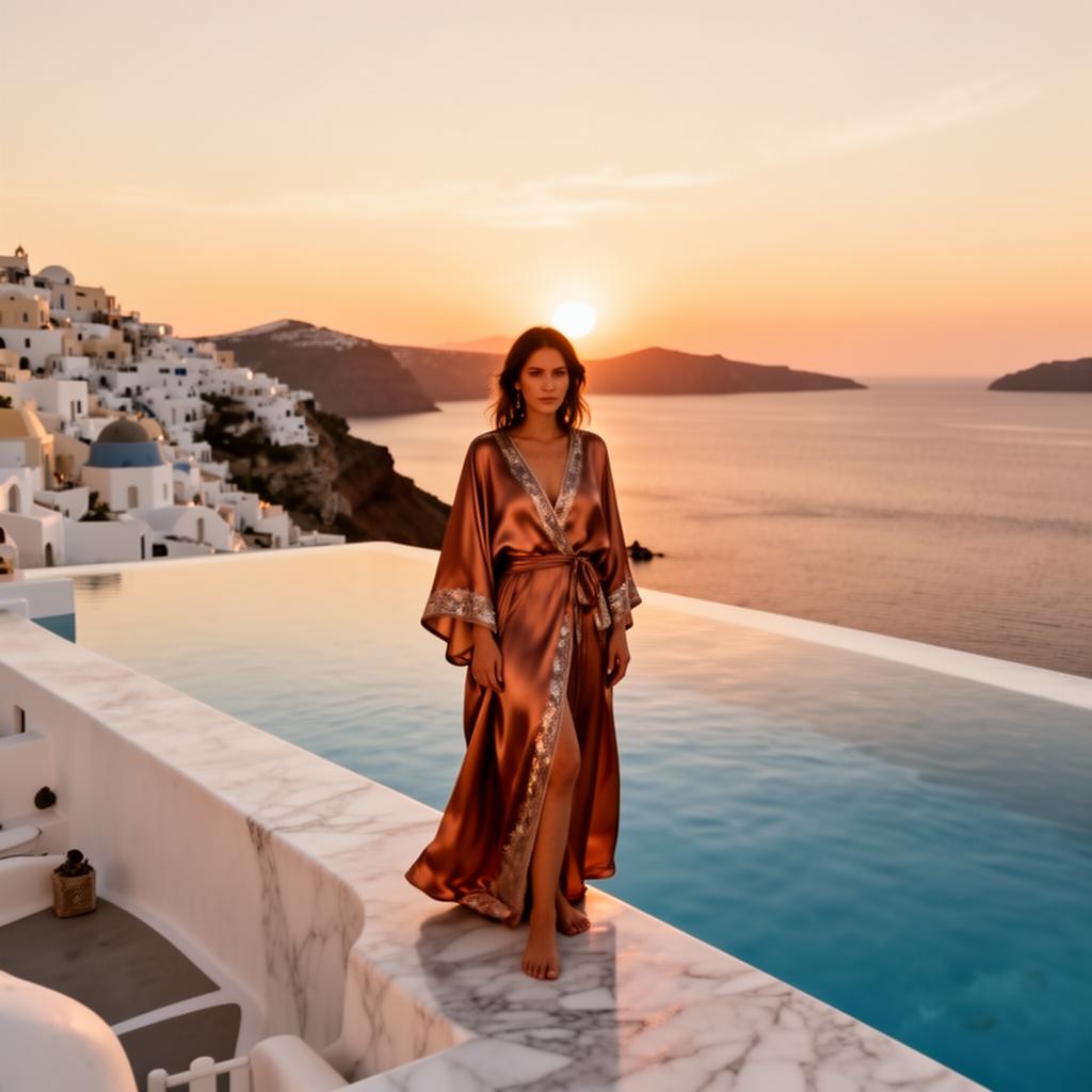 Matriarch in silk overlooking a Mediterranean sunset